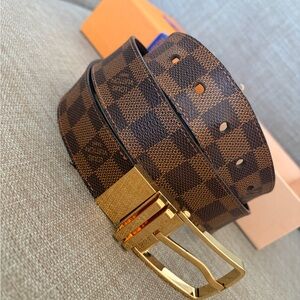 Louis Vuitton Brown Checkered Belt with Gold Buckle